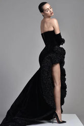 Black Samt Half Sleeves Off the Shoulder Evening Dress with High Slit